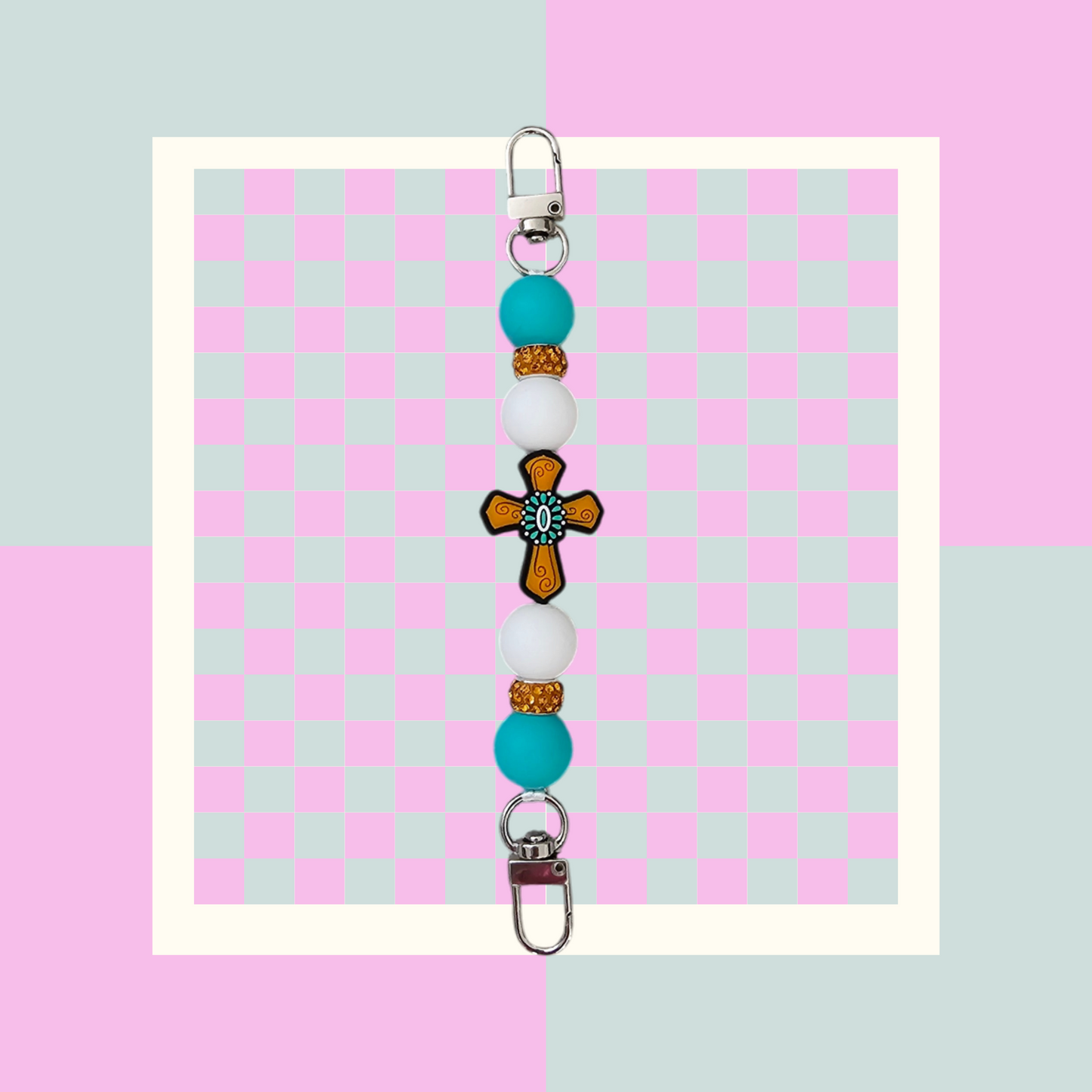 Phone Hand Strap/ Kindle Strap/ iPad Strap Interchangeable - Silicone Beaded Strap Cross Focal with Teal Blue/White Beads & Orange Rhinestones