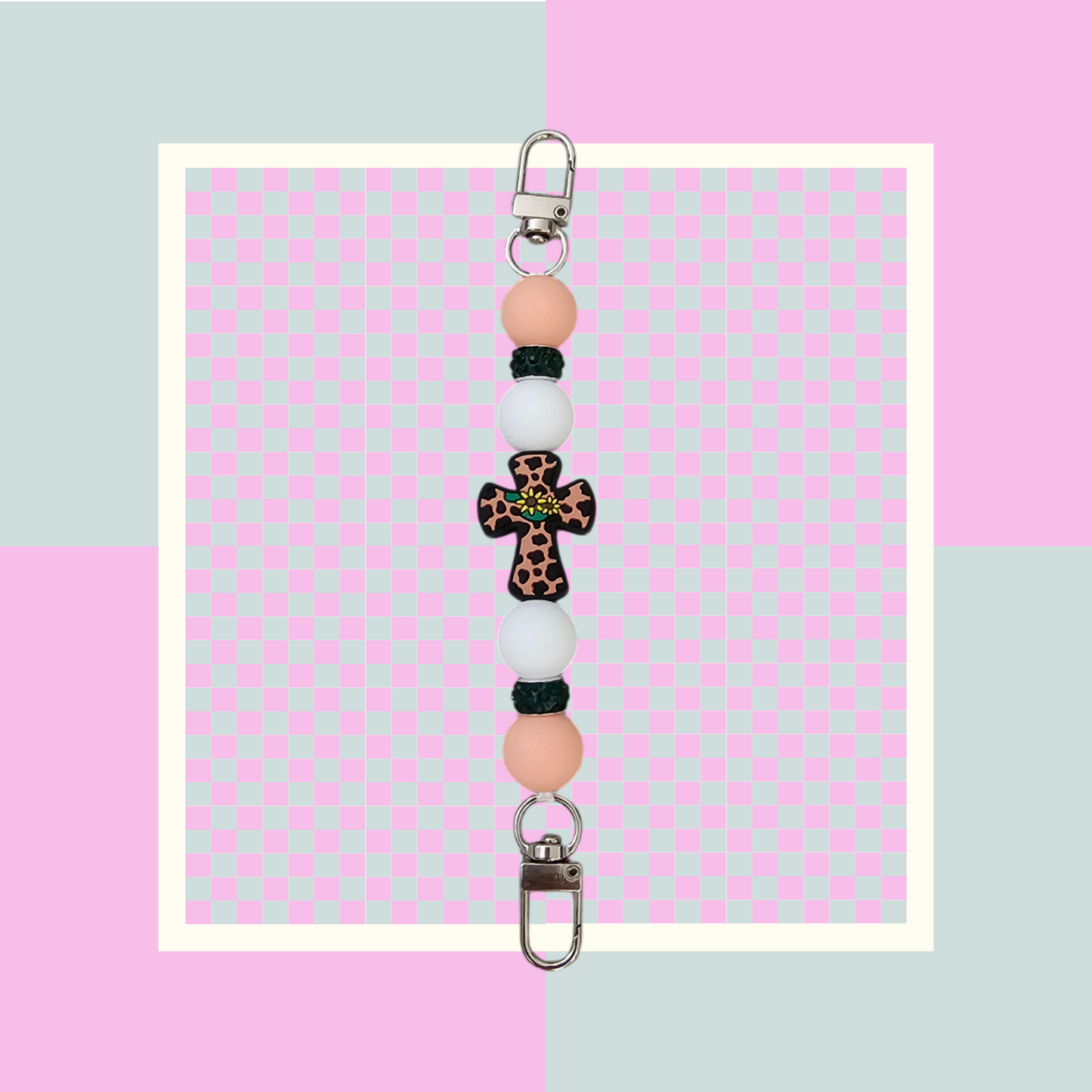 Phone Hand Strap/ Kindle Strap/ iPad Strap Interchangeable - Silicone Beaded Strap Peach/White Cross Focal with Green Rhinestones