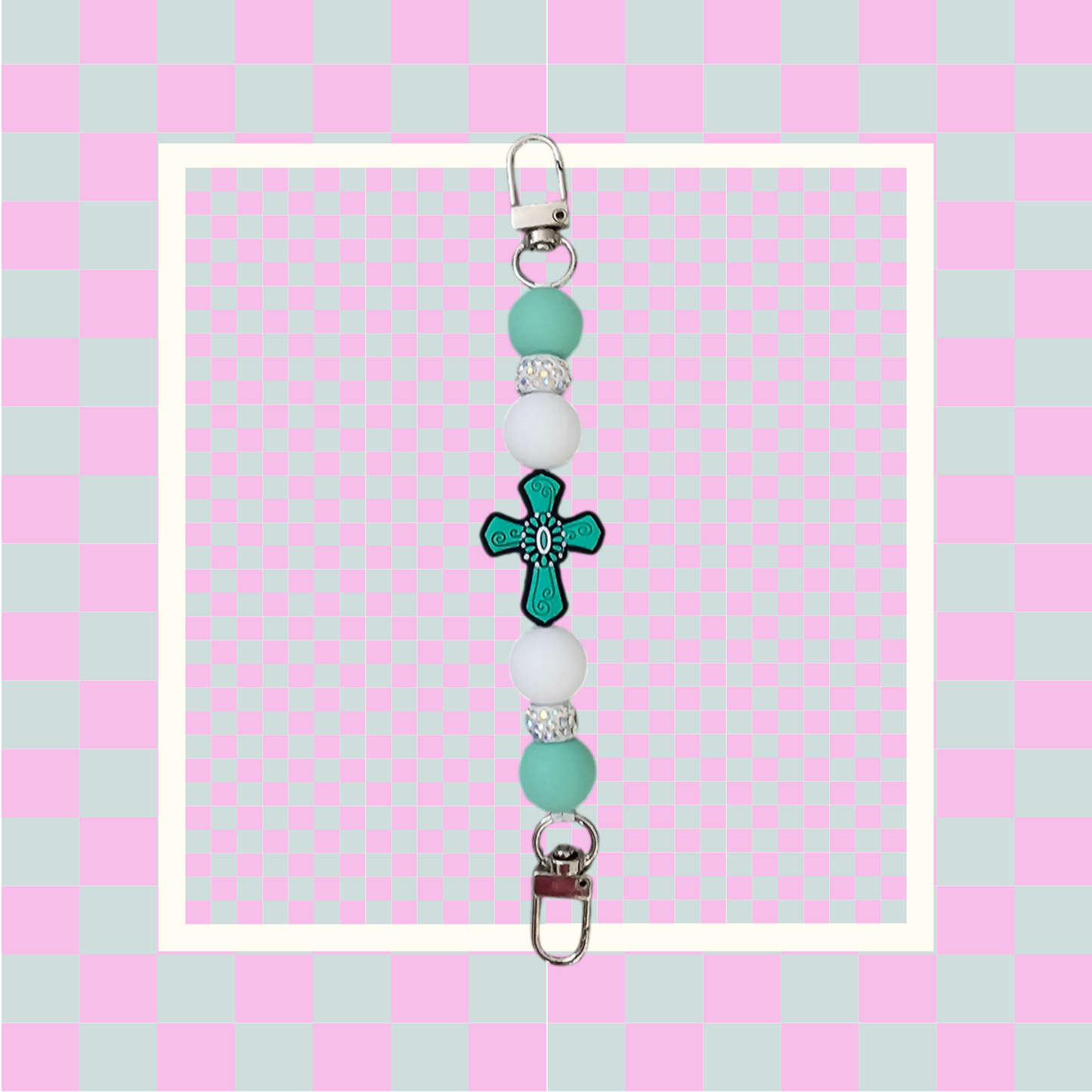 Phone Hand Strap/ Kindle Strap/ iPad Strap Interchangeable - Silicone Beaded Phone Strap with Cross Focal with Teal/White Beads & White Rhinestones