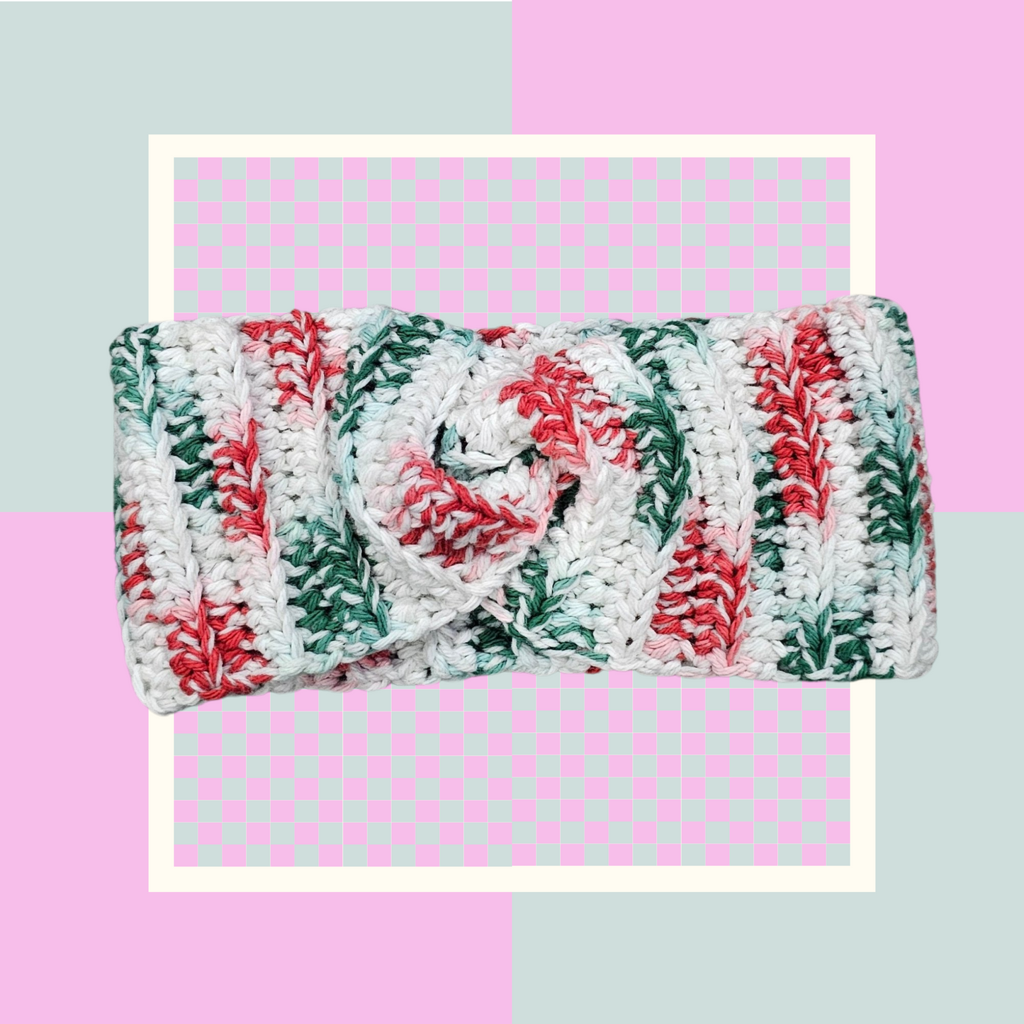 Crochet Twisted Headband- Multi- colored Red/Green/White