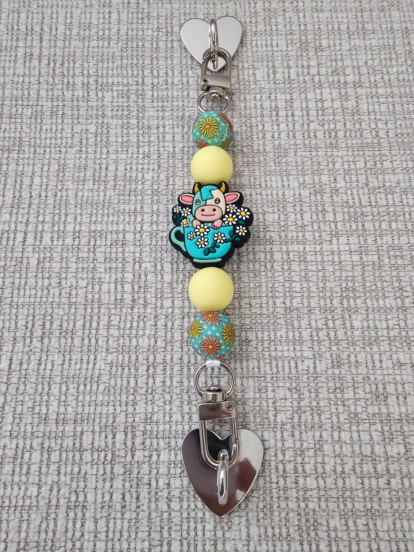 Phone Hand Strap/ Kindle Strap/ iPad Strap Interchangeable - Silicone Beaded Strap with Cow in Cup/Flowers
