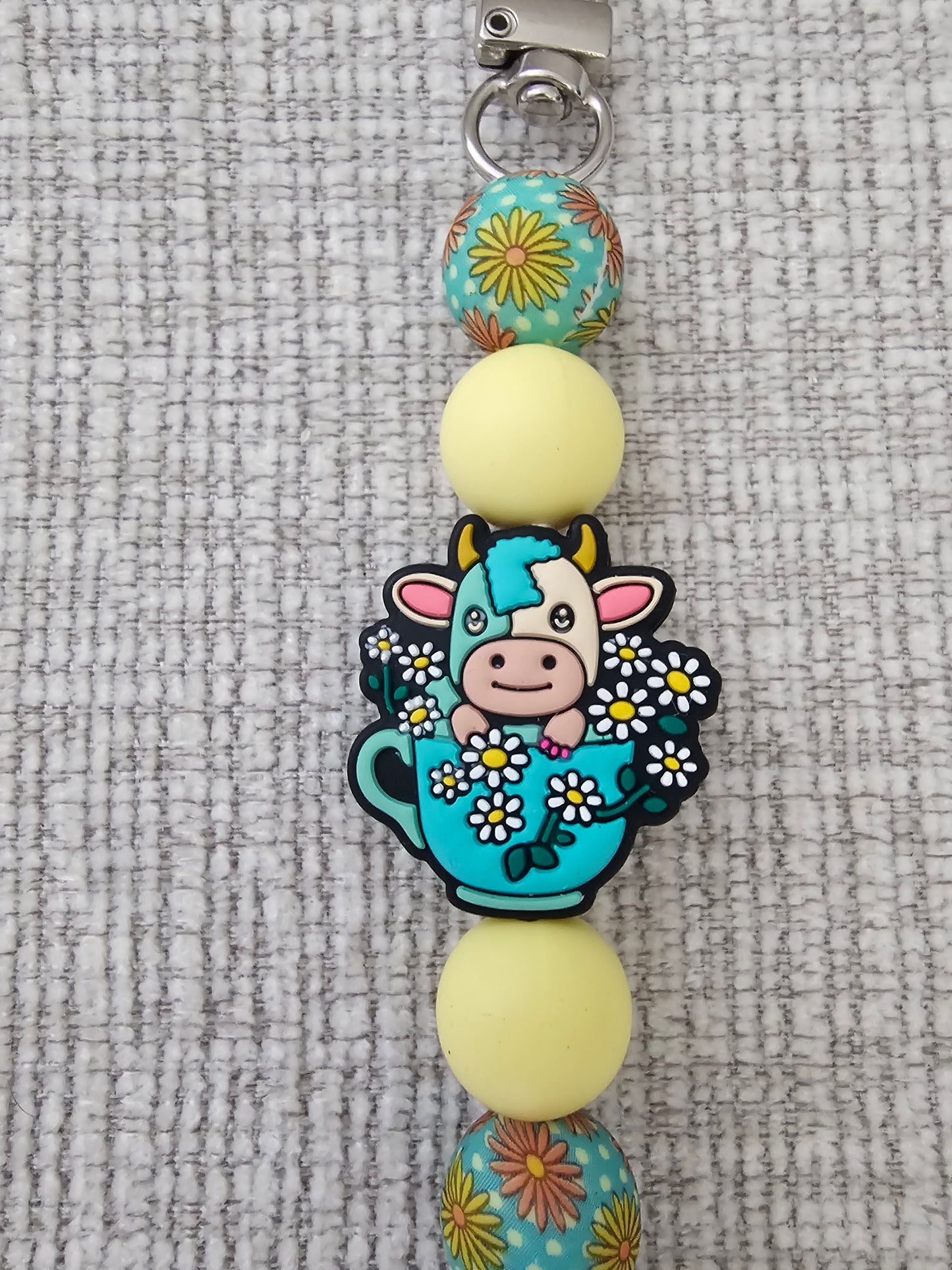 Phone Hand Strap/ Kindle Strap/ iPad Strap Interchangeable - Silicone Beaded Strap with Cow in Cup/Flowers