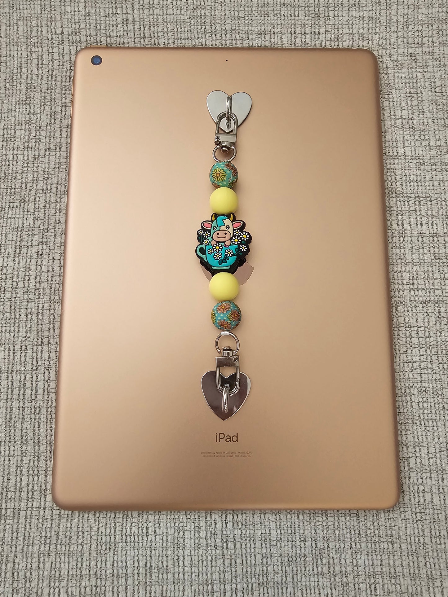 Phone Hand Strap/ Kindle Strap/ iPad Strap Interchangeable - Silicone Beaded Strap with Cow in Cup/Flowers