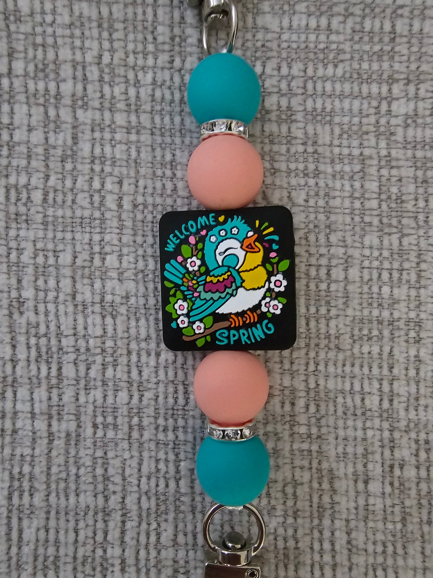 Phone Hand Strap/ Kindle Strap/ iPad Strap Interchangeable - Silicone Beaded Strap with Welcome Spring Focal