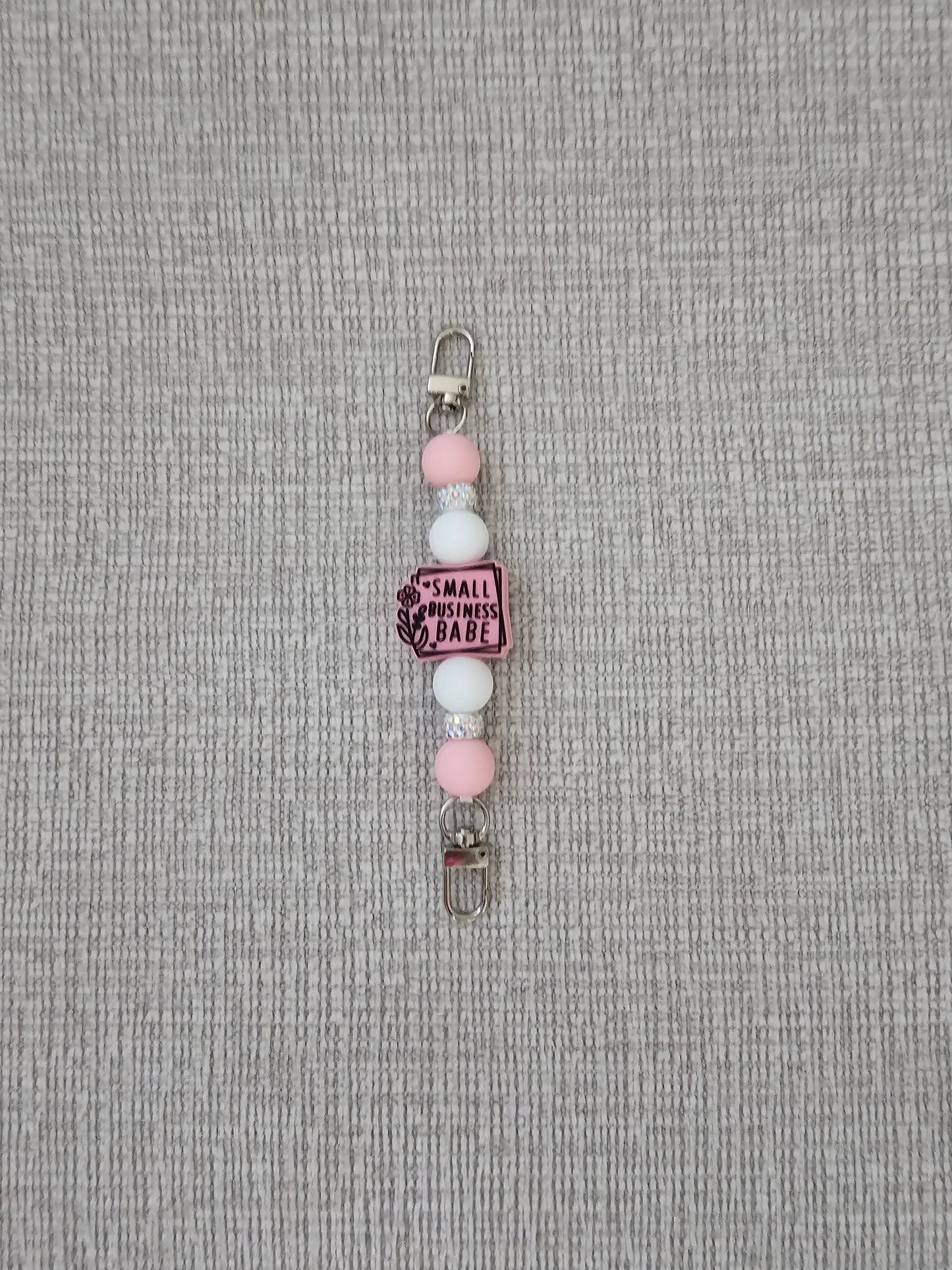 Phone Hand Strap/ Kindle Strap/ iPad Strap Interchangeable - Silicone Beaded Phone Strap with Small Business Focal with Pink/White Beads & White Rhinestones