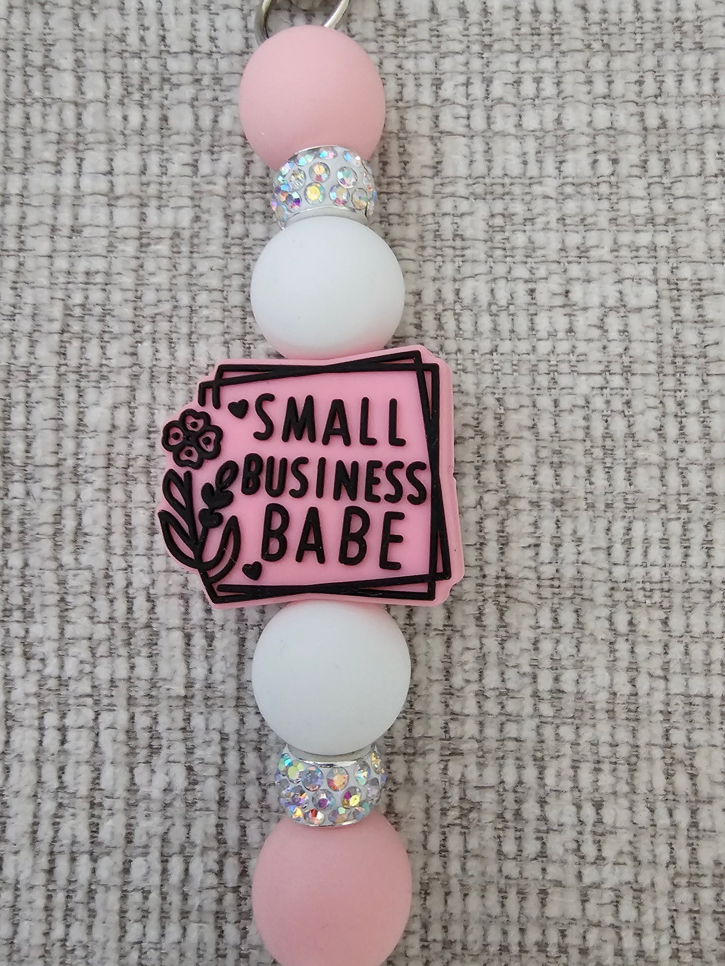 Phone Hand Strap/ Kindle Strap/ iPad Strap Interchangeable - Silicone Beaded Phone Strap with Small Business Focal with Pink/White Beads & White Rhinestones