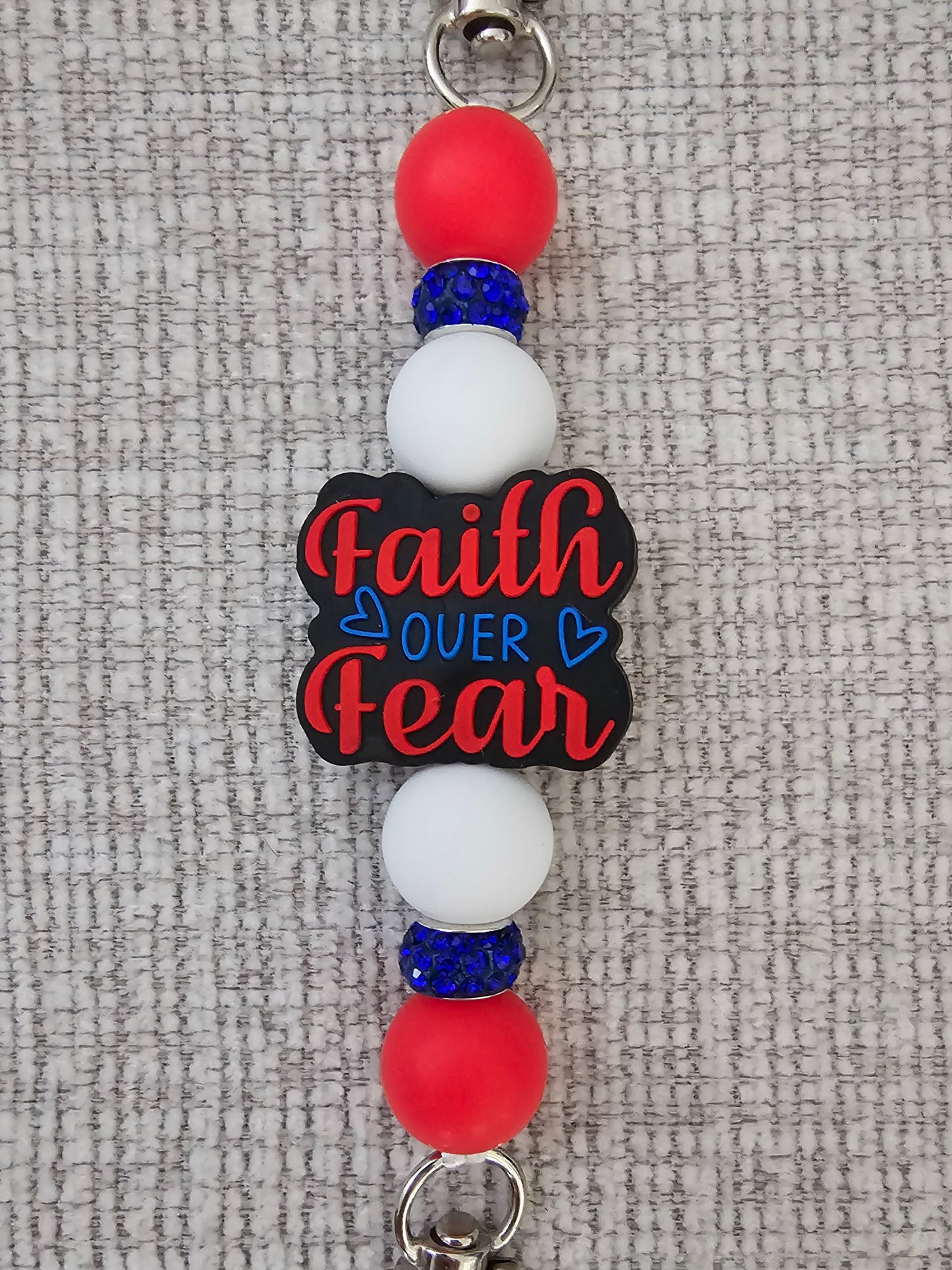 Phone Hand Strap/ Kindle Strap/ iPad Strap Interchangeable - Silicone Beaded Phone Strap with Faith Over Fear Focal with Red/White Beads & Navy Blue Rhinestones