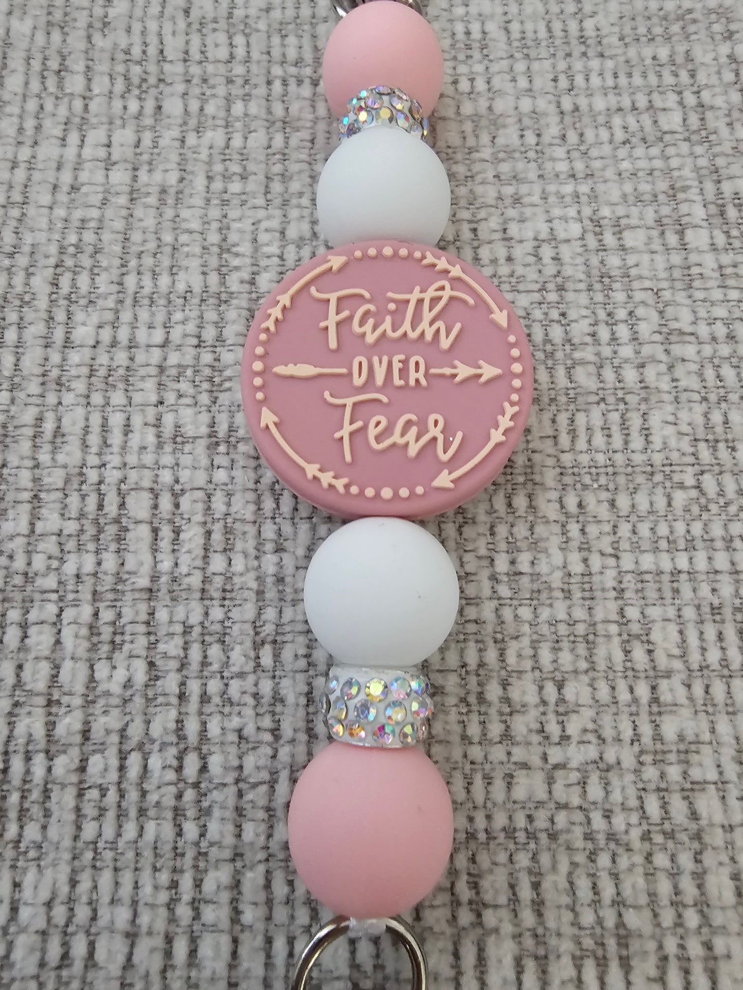 Phone Hand Strap/ Kindle Strap/ iPad Strap Interchangeable - Silicone Beaded Phone Strap with Faith Over Fear Focal with Pink/White Beads & White Rhinestones