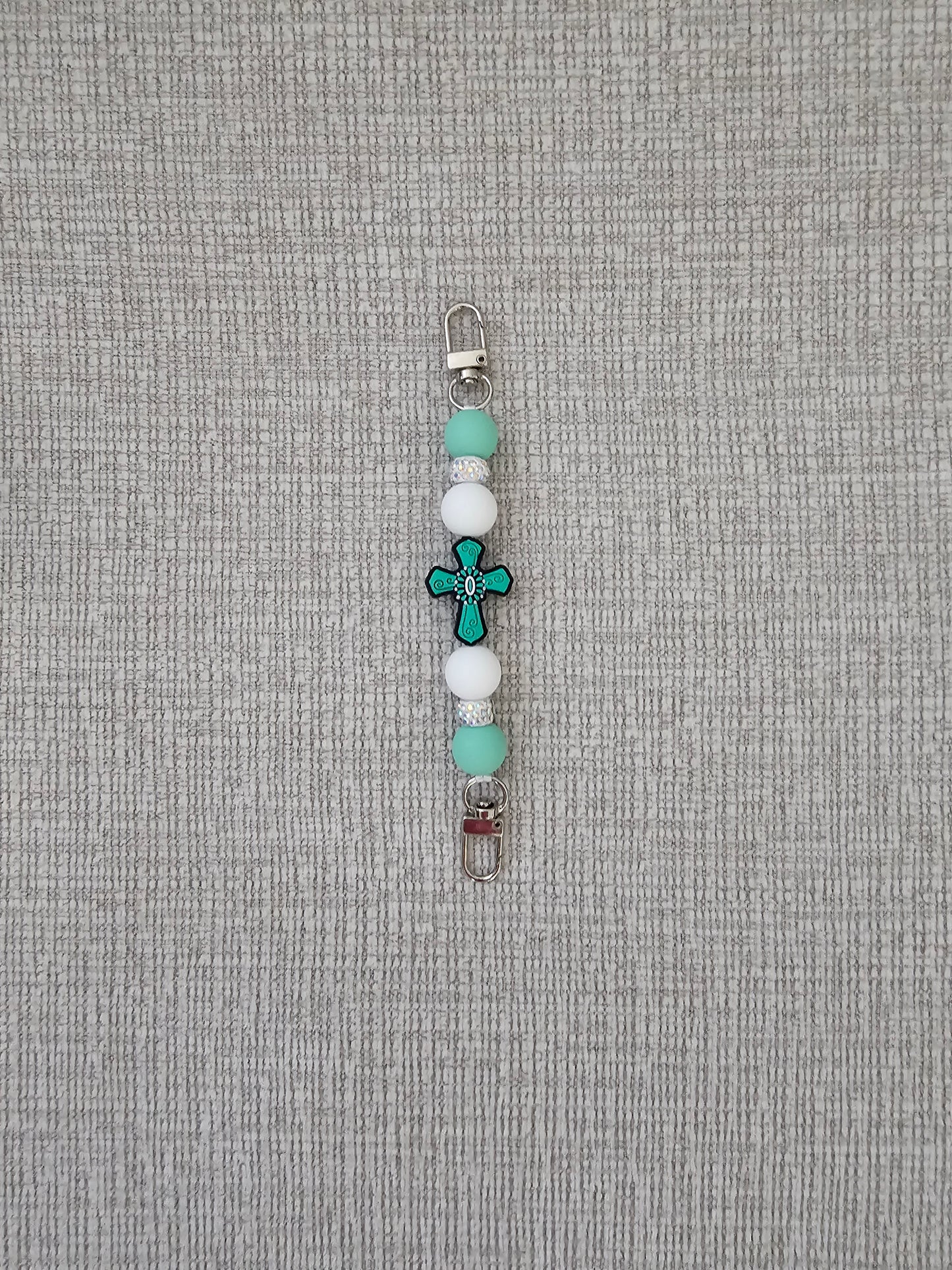 Phone Hand Strap/ Kindle Strap/ iPad Strap Interchangeable - Silicone Beaded Phone Strap with Cross Focal with Teal/White Beads & White Rhinestones