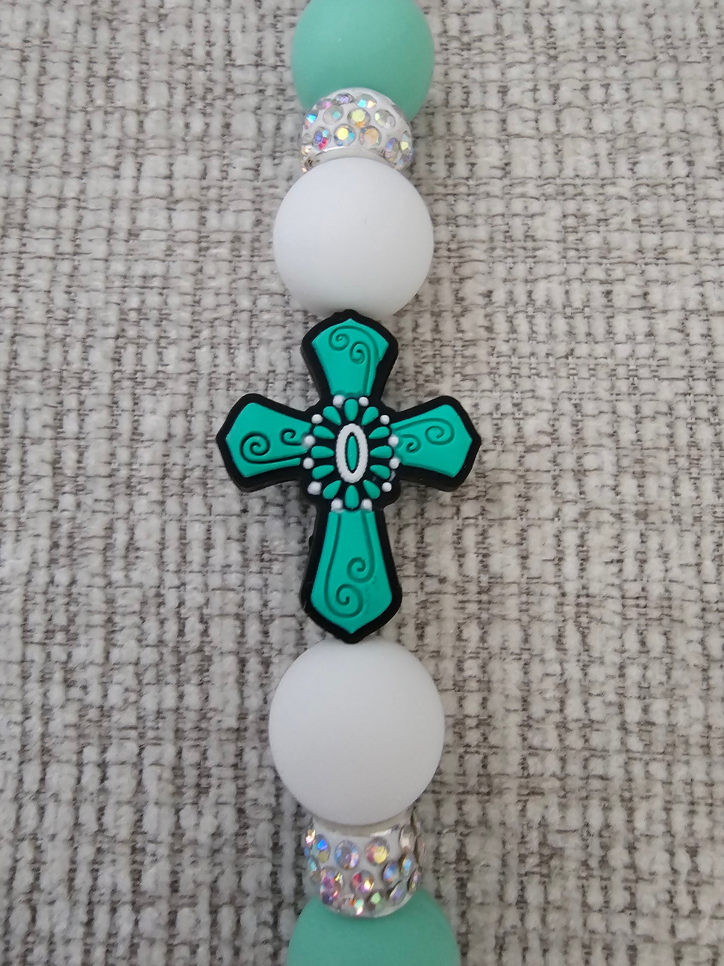 Phone Hand Strap/ Kindle Strap/ iPad Strap Interchangeable - Silicone Beaded Phone Strap with Cross Focal with Teal/White Beads & White Rhinestones
