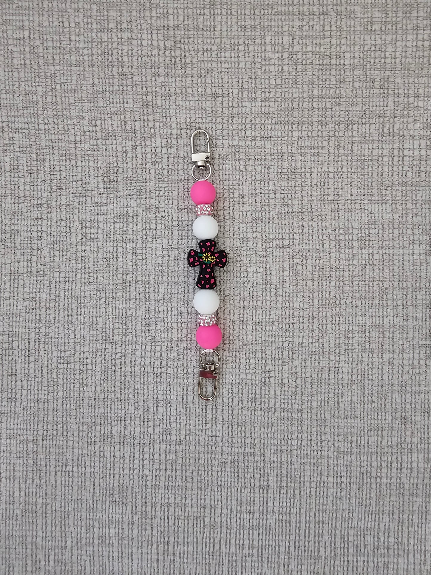Phone Hand Strap/ Kindle Strap/ iPad Strap Interchangeable - Silicone Beaded Phone Strap with Cross Focal with Pink/White Beads & Pink Rhinestones