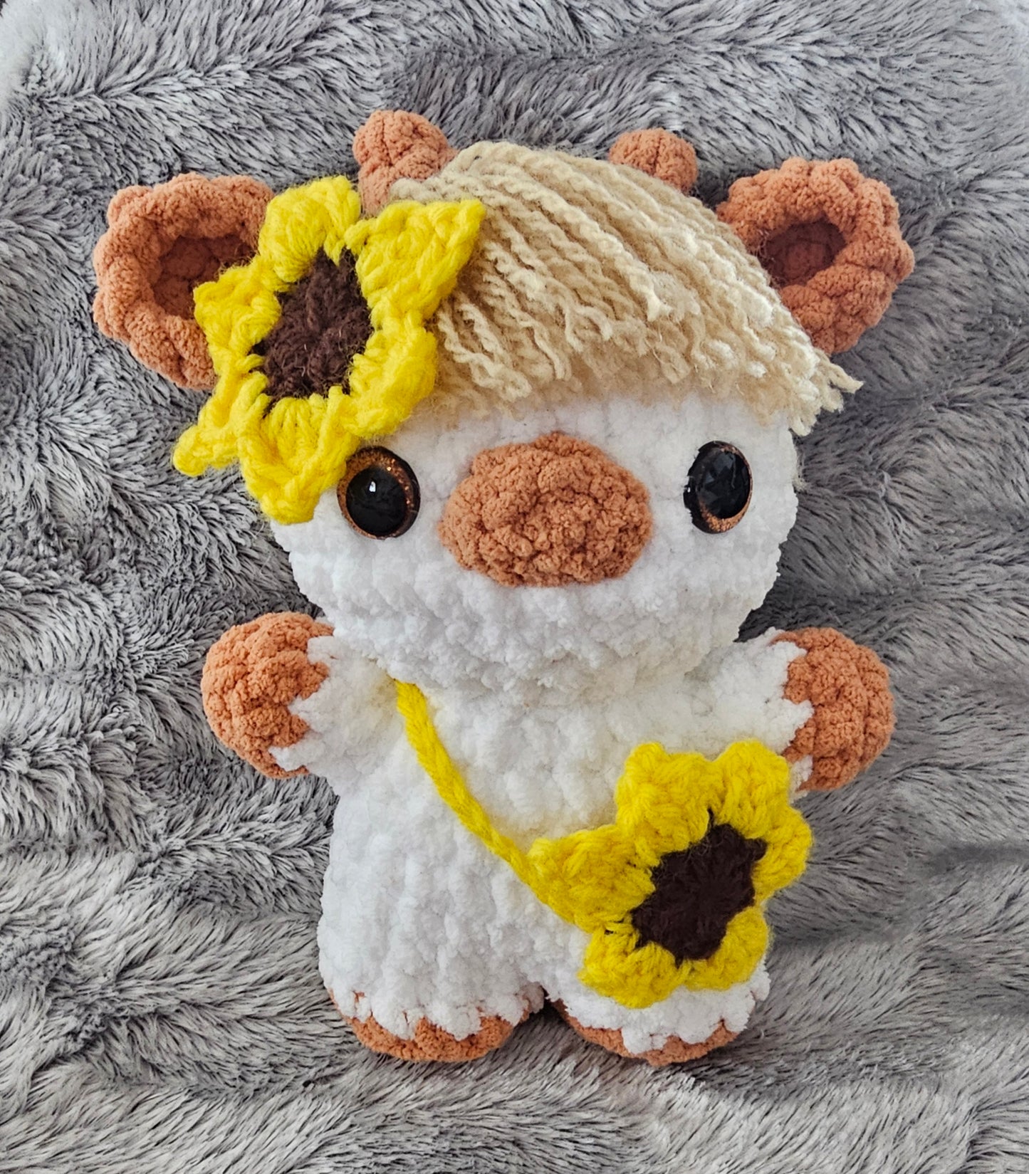 Crochet Little Plush Cow with Sunflower Purse