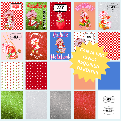 Digital Editable Strawberry Girl Composition Notebook Canva Template | Editable School Cover | Digital Download | FREE Canva Account ONLY