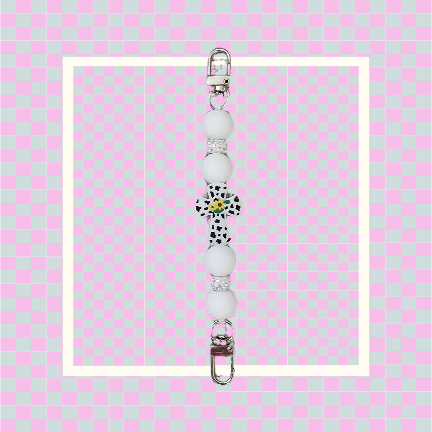 Phone Hand Strap/ Kindle Strap/ iPad Strap Interchangeable - Silicone Beaded Phone Strap with Cross Focal with White Beads & White Rhinestones