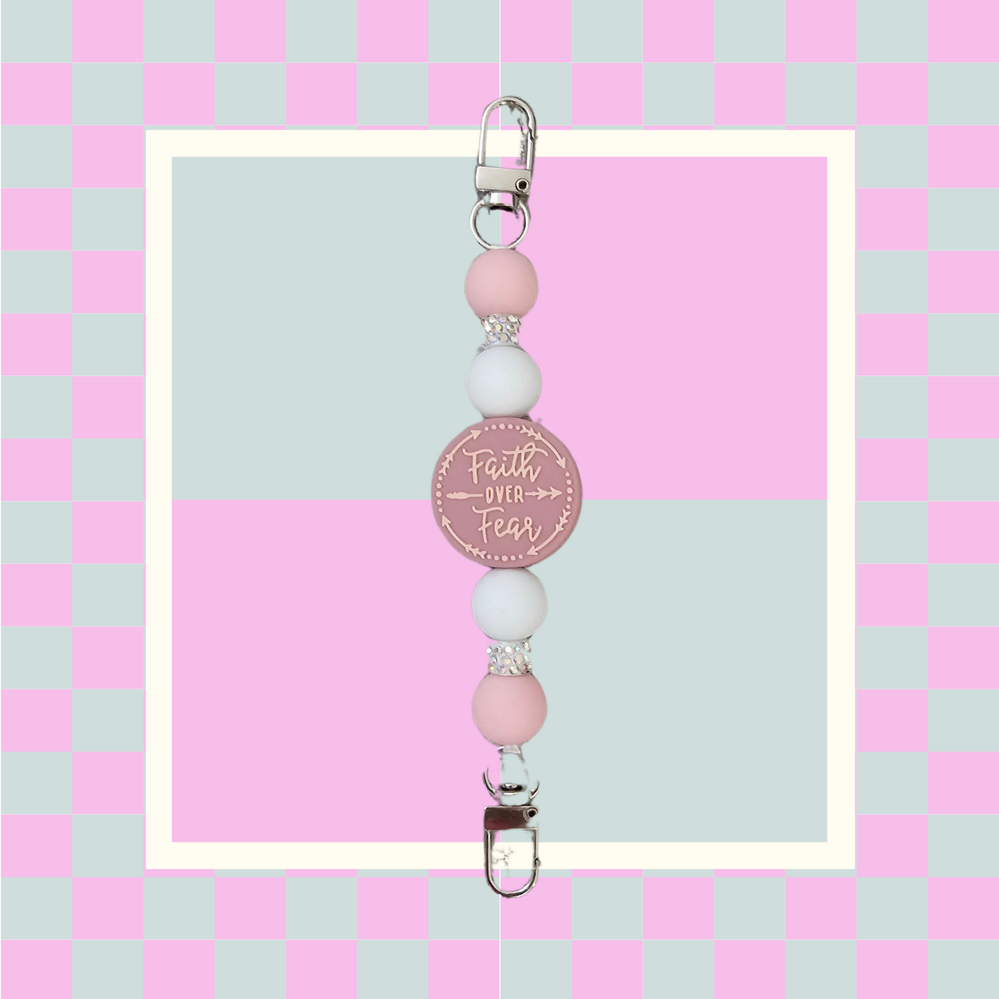 Phone Hand Strap/ Kindle Strap/ iPad Strap Interchangeable - Silicone Beaded Phone Strap with Faith Over Fear Focal with Pink/White Beads & White Rhinestones