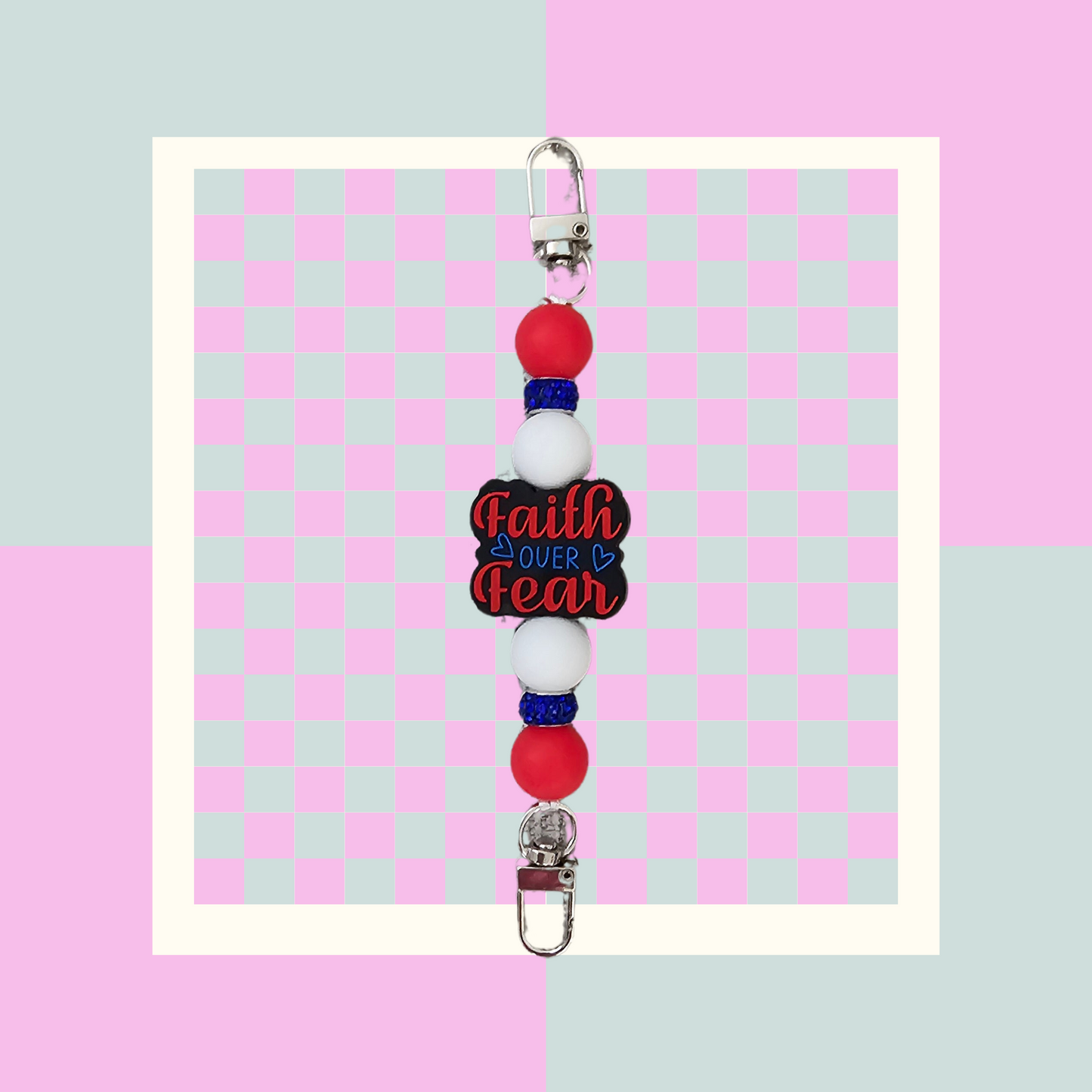 Phone Hand Strap/ Kindle Strap/ iPad Strap Interchangeable - Silicone Beaded Phone Strap with Faith Over Fear Focal with Red/White Beads & Navy Blue Rhinestones