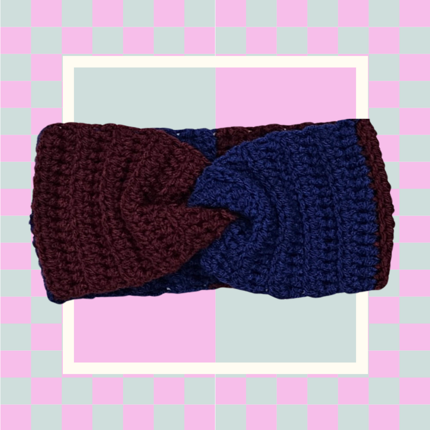 Crochet Twisted Headband- Maroon/Navy