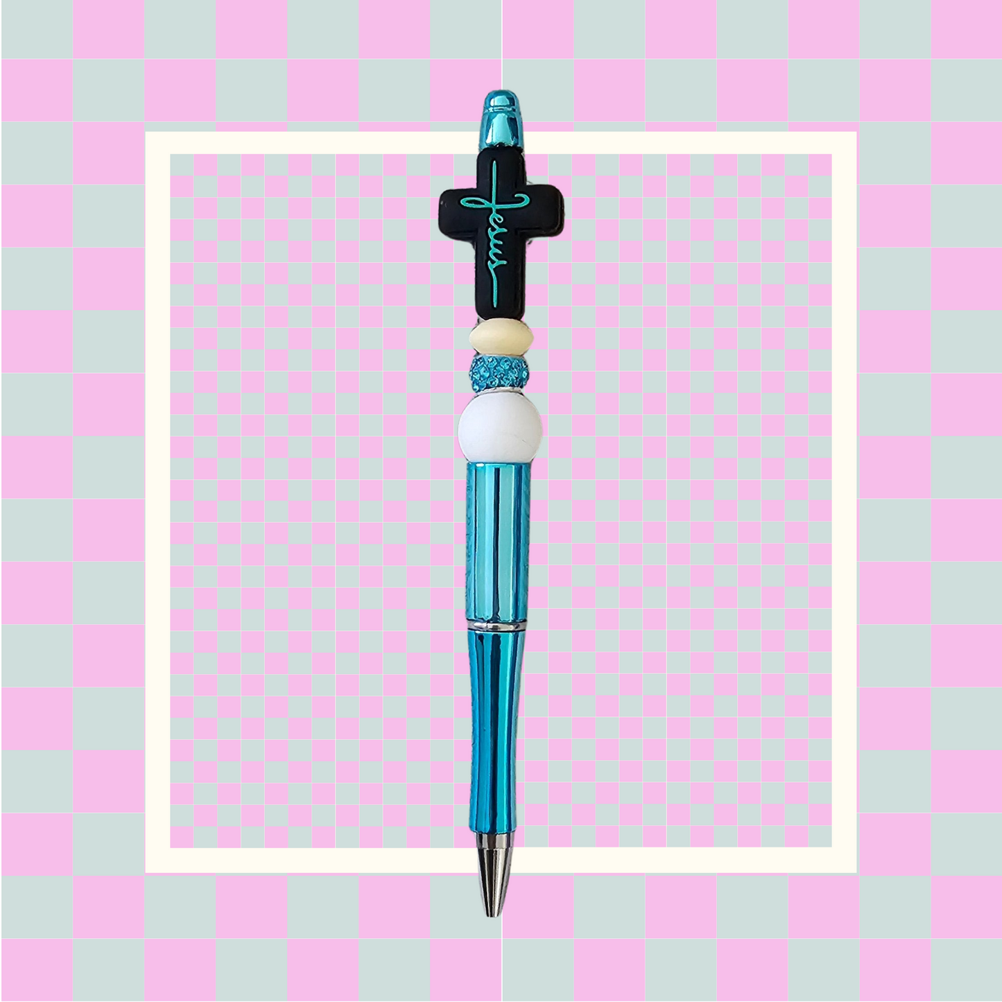 Pen- Silicone Beaded Pen with Cross Focal (blue teal color)