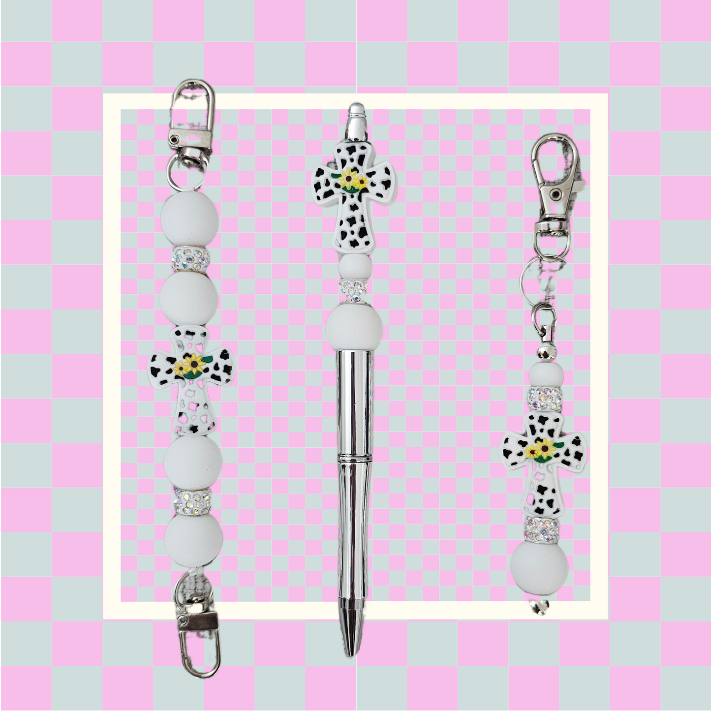 White Cross Bundle- Phone Hand Strap/Pen/Keychain