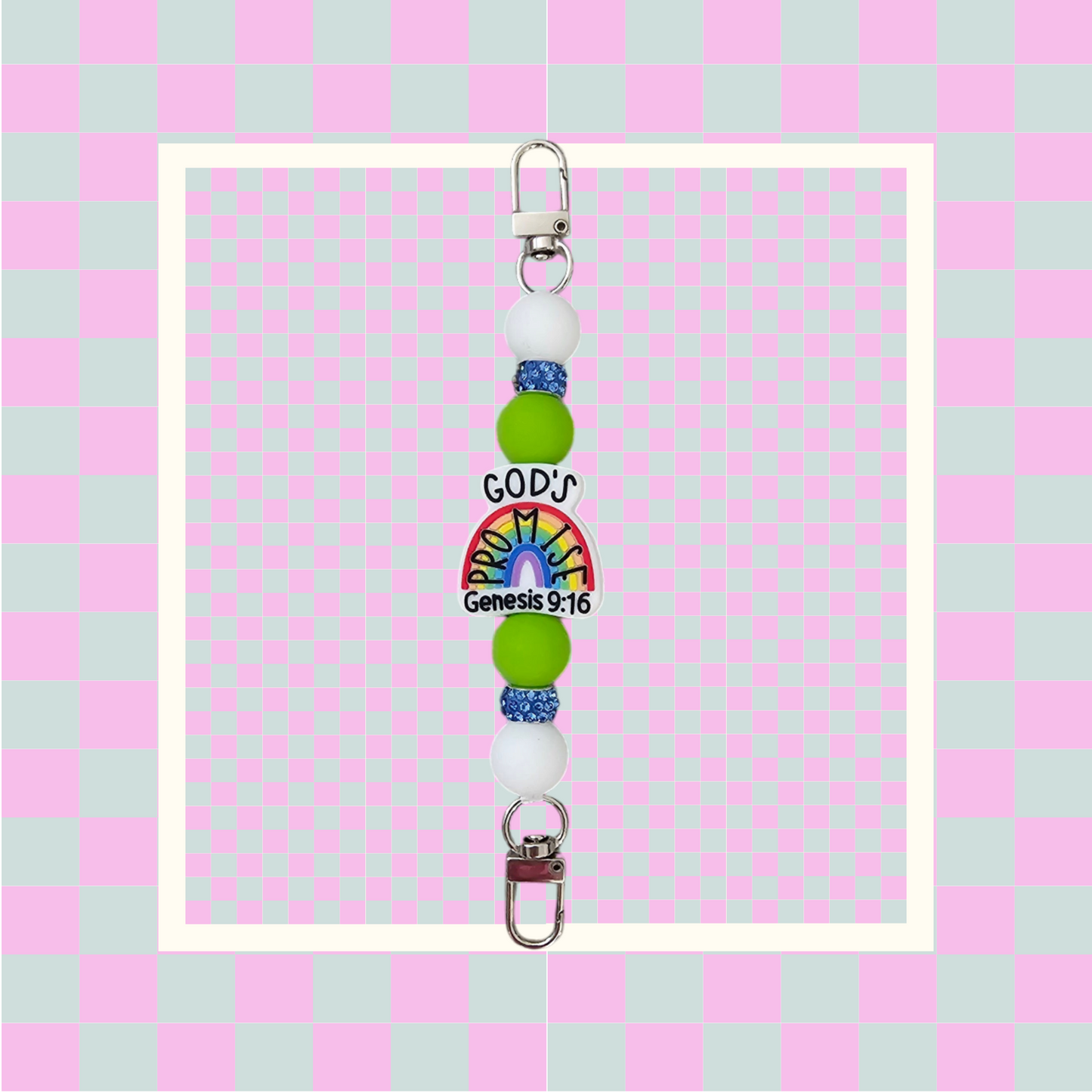 Phone Hand Strap/ Kindle Strap/ iPad Strap Interchangeable - Silicone Beaded Phone Strap with God's Promise Focal with Green/White Beads & Blue Rhinestones