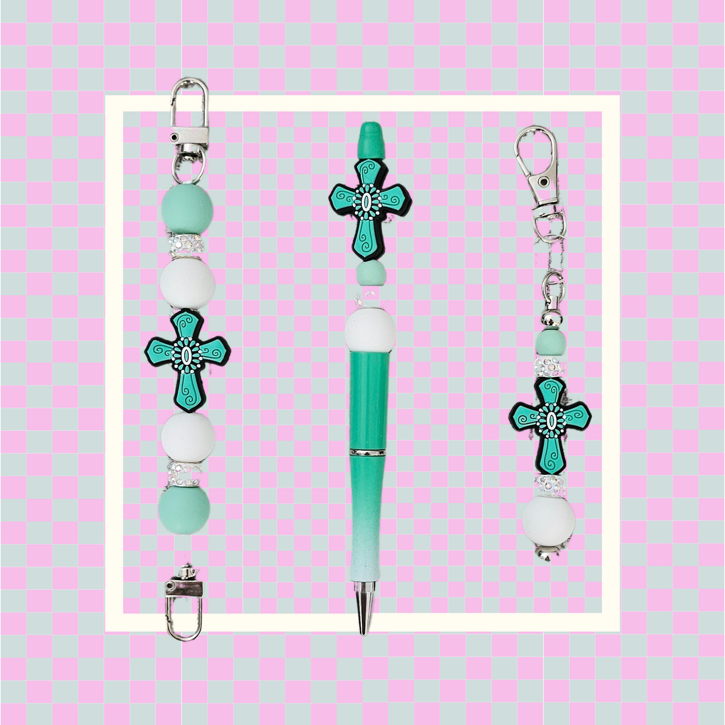 Teal Cross Bundle- Phone Hand Strap/Pen/Keychain