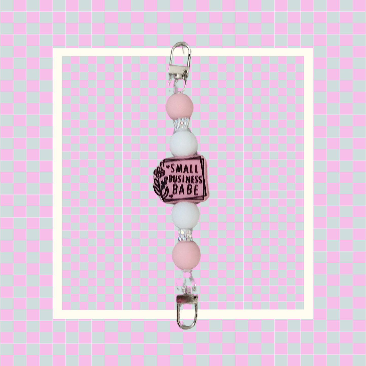 Phone Hand Strap/ Kindle Strap/ iPad Strap Interchangeable - Silicone Beaded Phone Strap with Small Business Focal with Pink/White Beads & White Rhinestones