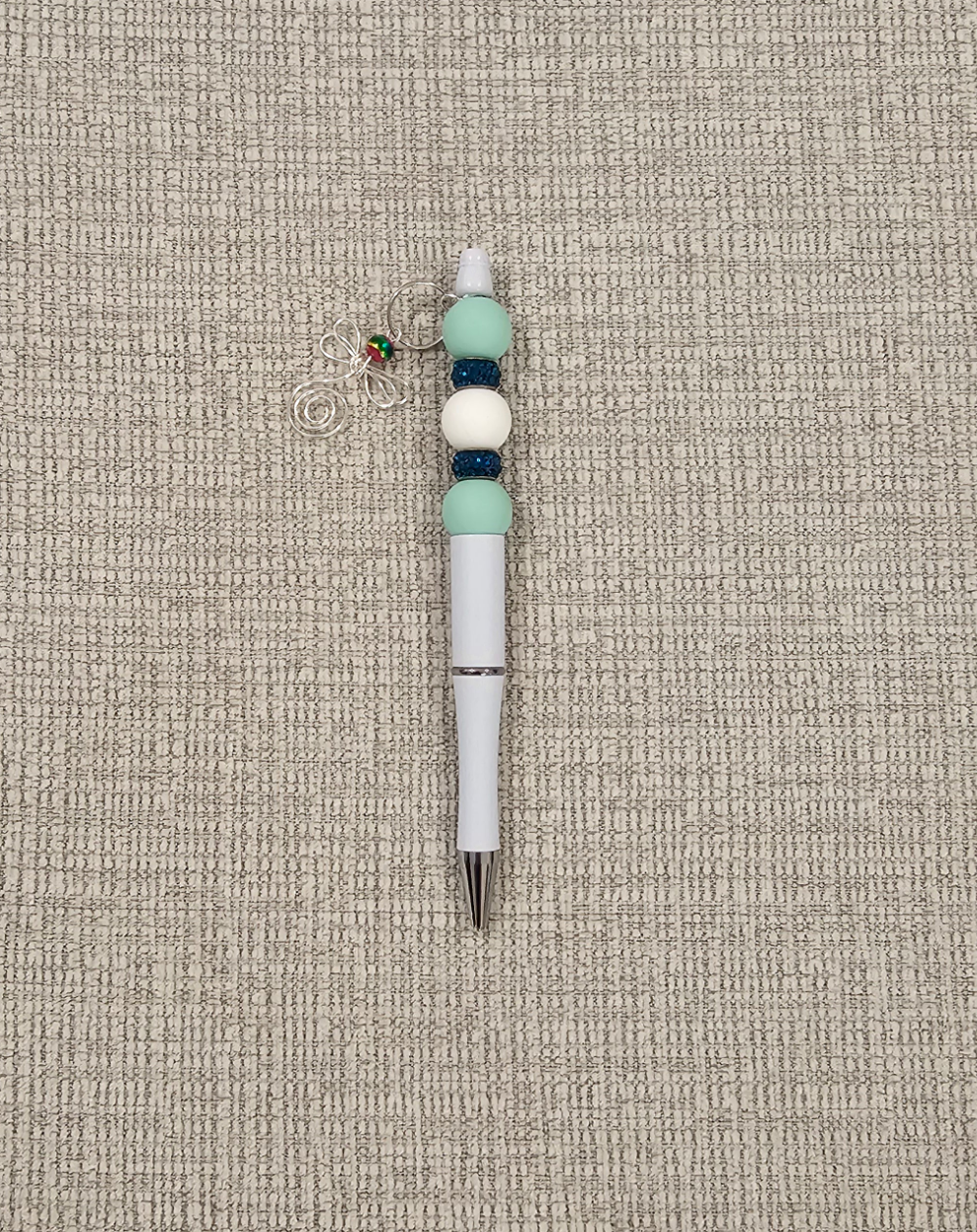Pen- Silicone Beaded Pen Light Green w/Dragon Fly Charm