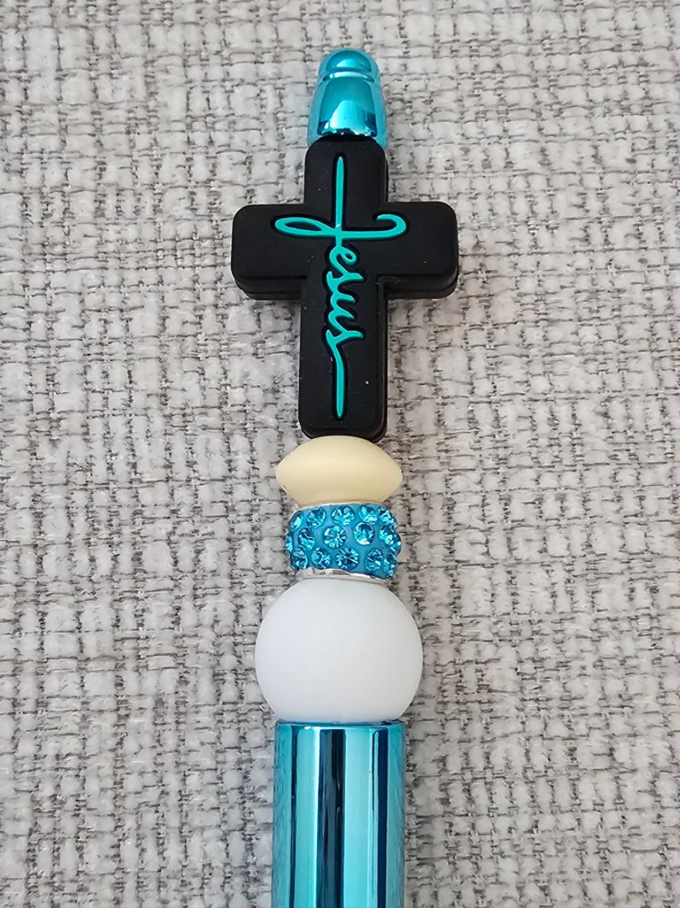 Pen- Silicone Beaded Pen with Cross Focal (blue teal color)