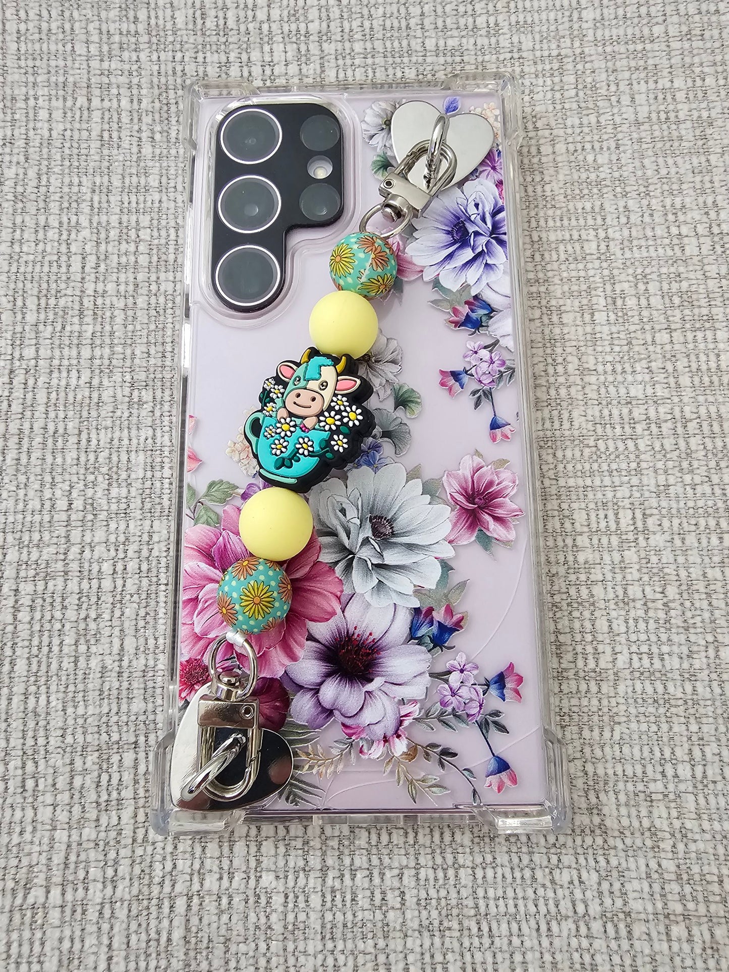 Phone Hand Strap/ Kindle Strap/ iPad Strap Interchangeable - Silicone Beaded Strap with Cow in Cup/Flowers