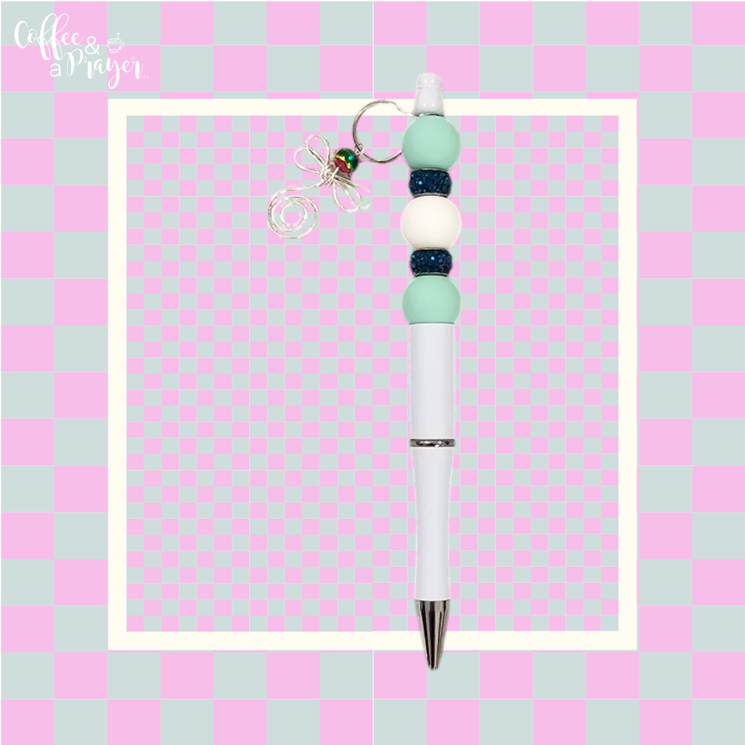 Pen- Silicone Beaded Pen Light Green w/Dragon Fly Charm