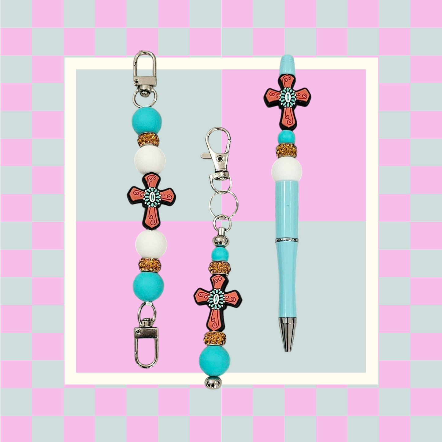 Dark Orange/Teal Cross Bundle- Phone Hand Strap/Pen/Keychain
