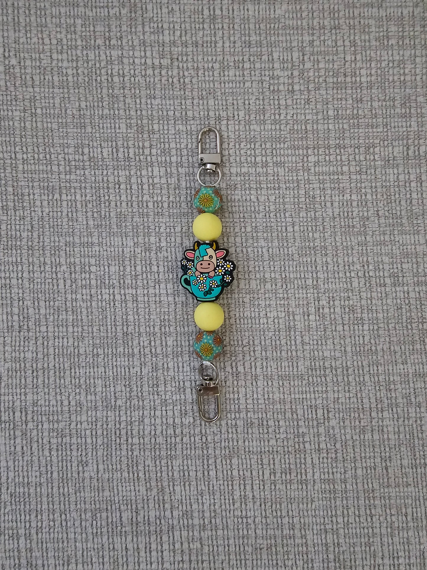 Phone Hand Strap/ Kindle Strap/ iPad Strap Interchangeable - Silicone Beaded Strap with Cow in Cup/Flowers
