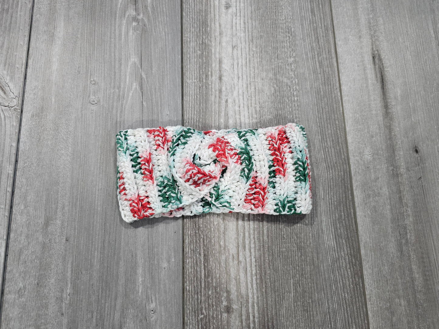 Crochet Twisted Headband- Multi- colored Red/Green/White