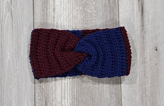 Crochet Twisted Headband- Maroon/Navy