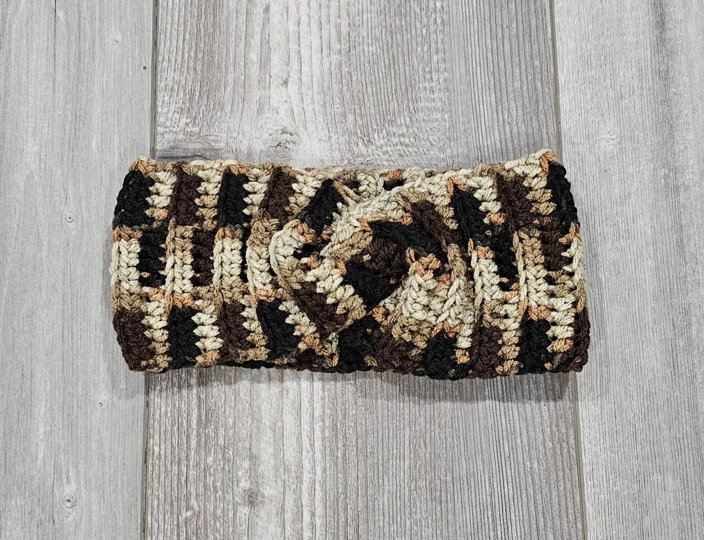 Crochet Twisted Headband- Multi-colored Brown/Beige/Black