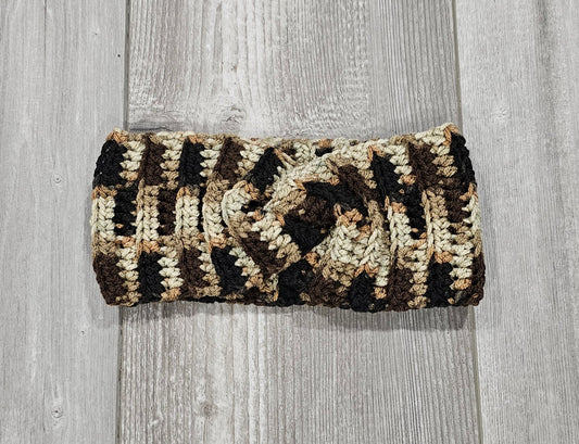 Crochet Twisted Headband- Multi-colored Brown/Beige/Black