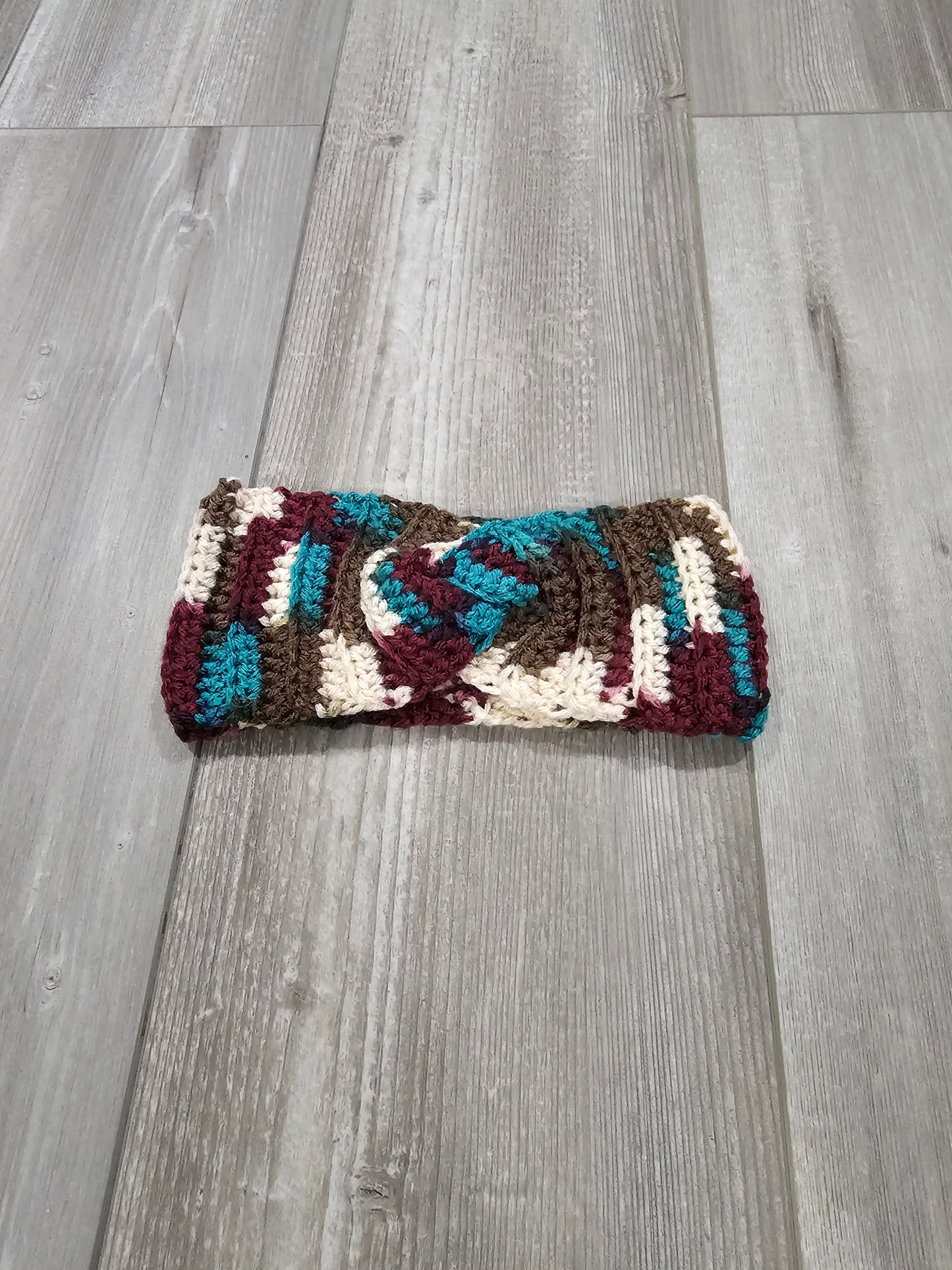 Crochet Twisted Headband- Multi-color Brown/Maroon/Teal