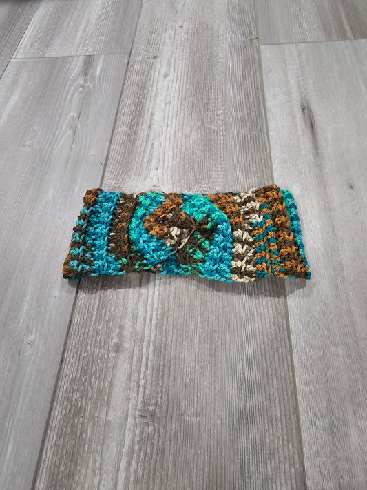 Crochet Twisted Headband- Multi-color Brown/Teal/Beige