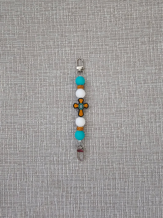 Phone Hand Strap/ Kindle Strap/ iPad Strap Interchangeable - Silicone Beaded Strap Cross Focal with Teal Blue/White Beads & Orange Rhinestones