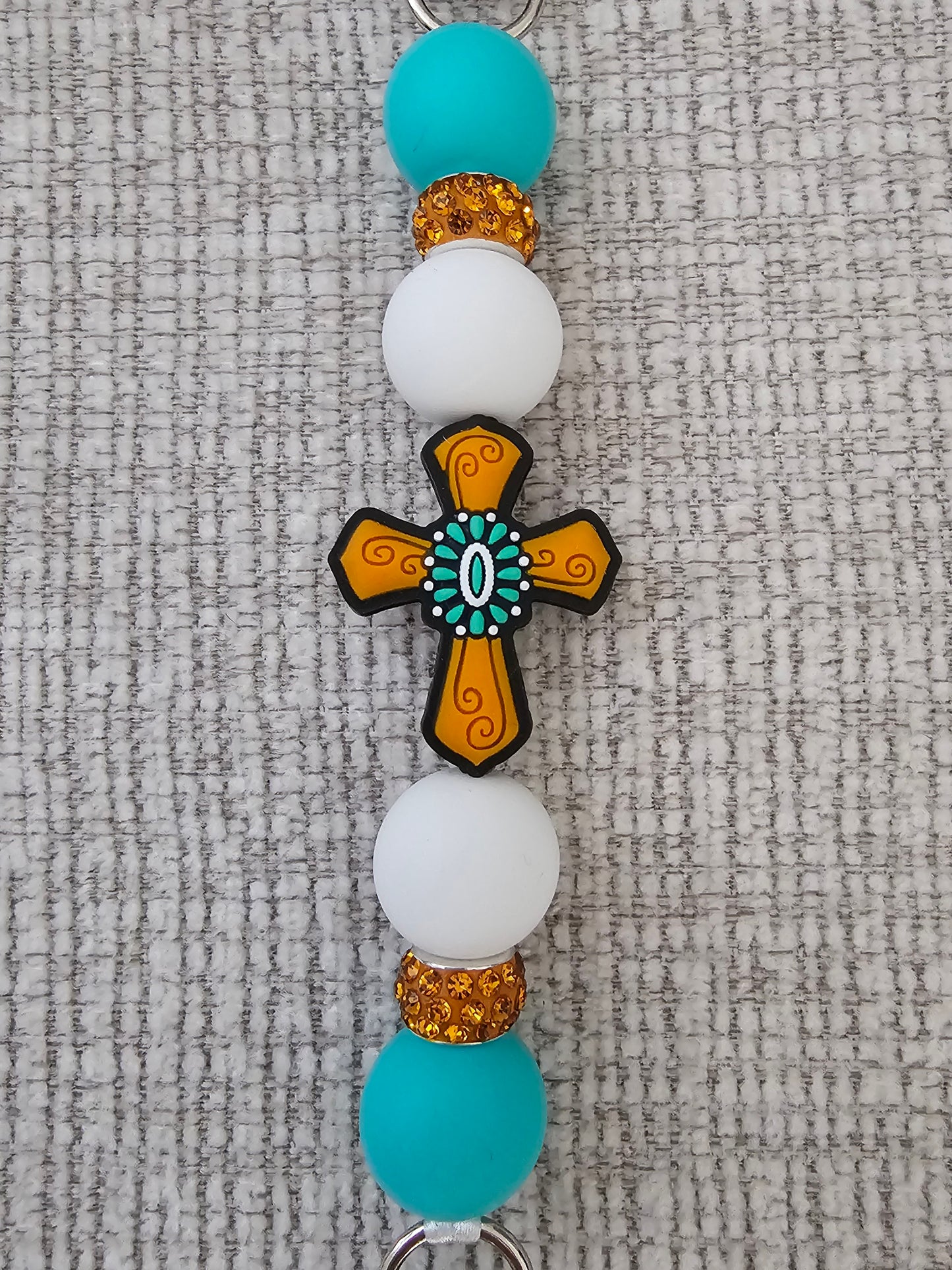 Phone Hand Strap/ Kindle Strap/ iPad Strap Interchangeable - Silicone Beaded Strap Cross Focal with Teal Blue/White Beads & Orange Rhinestones