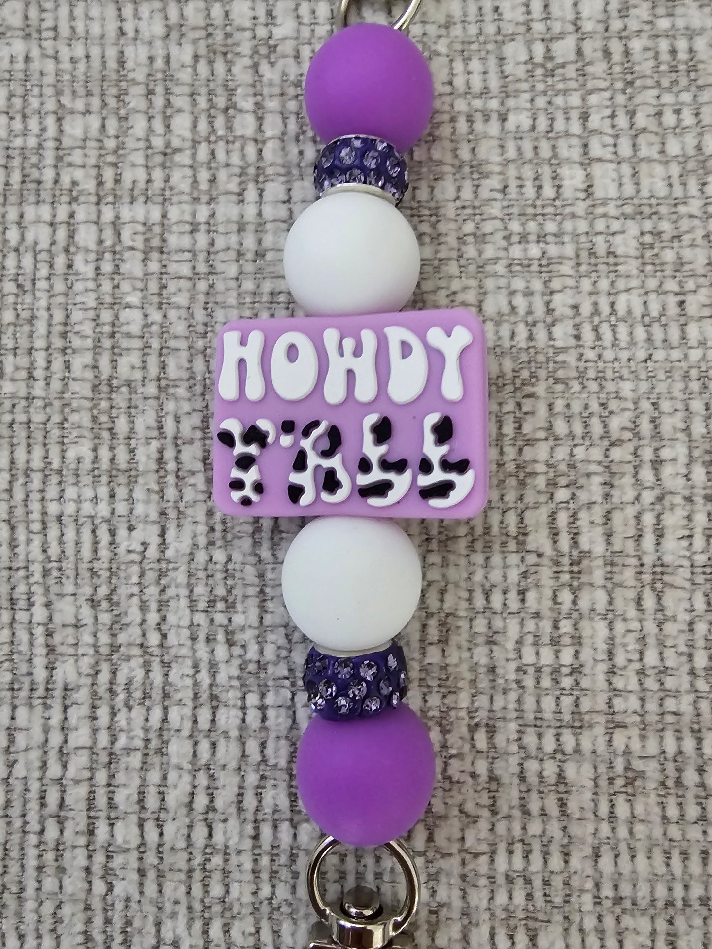 Phone Hand Strap/ Kindle Strap/ iPad Strap Interchangeable - Silicone Beaded Phone Strap with Howdy Ya'll Focal with Purple/White Beads & Purple Rhinestones