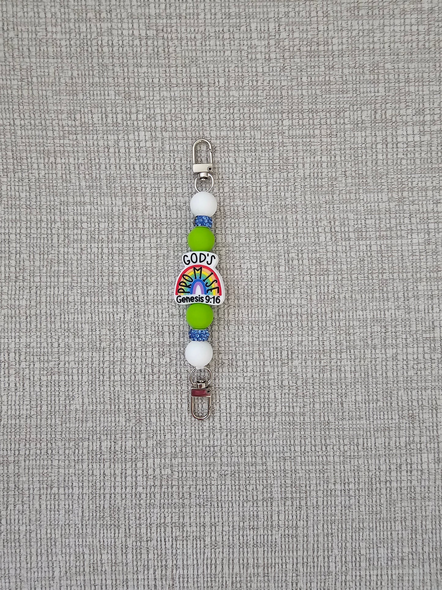 Phone Hand Strap/ Kindle Strap/ iPad Strap Interchangeable - Silicone Beaded Phone Strap with God's Promise Focal with Green/White Beads & Blue Rhinestones