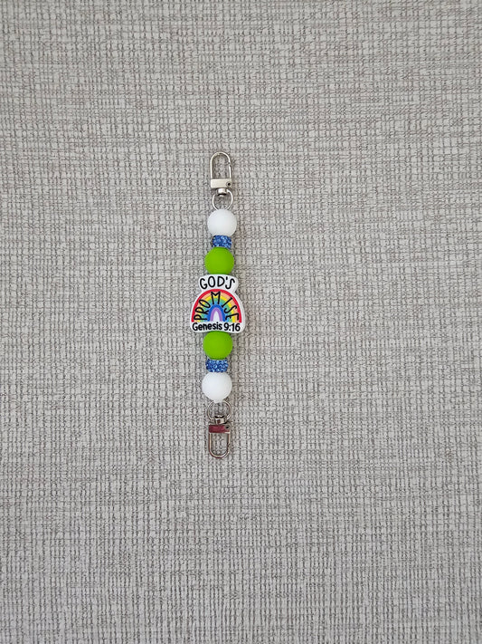 Phone Hand Strap/ Kindle Strap/ iPad Strap Interchangeable - Silicone Beaded Phone Strap with God's Promise Focal with Green/White Beads & Blue Rhinestones