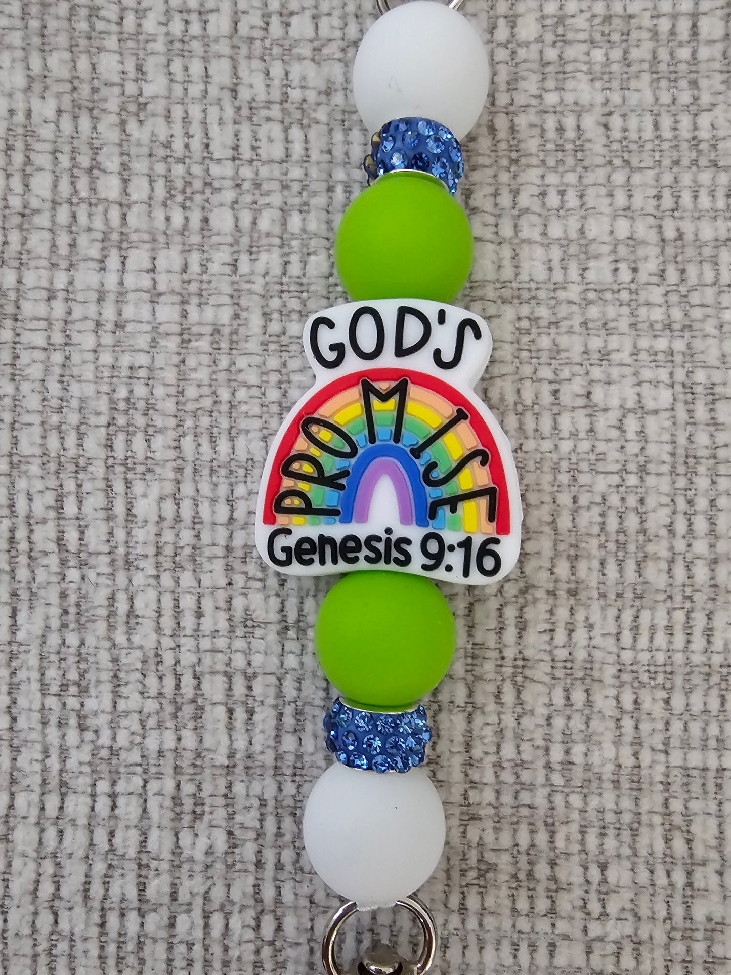 Phone Hand Strap/ Kindle Strap/ iPad Strap Interchangeable - Silicone Beaded Phone Strap with God's Promise Focal with Green/White Beads & Blue Rhinestones