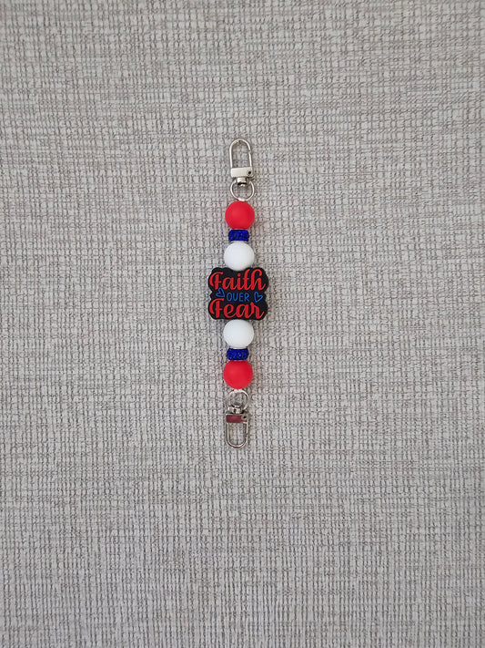 Phone Hand Strap/ Kindle Strap/ iPad Strap Interchangeable - Silicone Beaded Phone Strap with Faith Over Fear Focal with Red/White Beads & Navy Blue Rhinestones