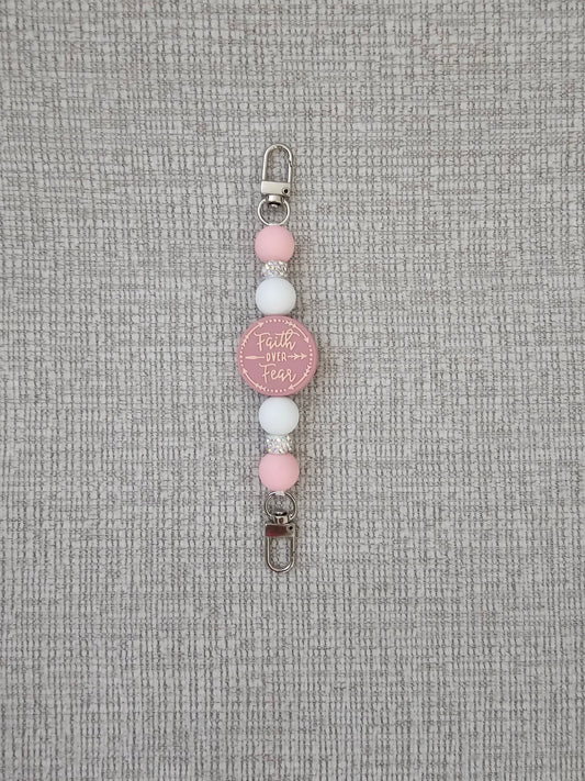 Phone Hand Strap/ Kindle Strap/ iPad Strap Interchangeable - Silicone Beaded Phone Strap with Faith Over Fear Focal with Pink/White Beads & White Rhinestones