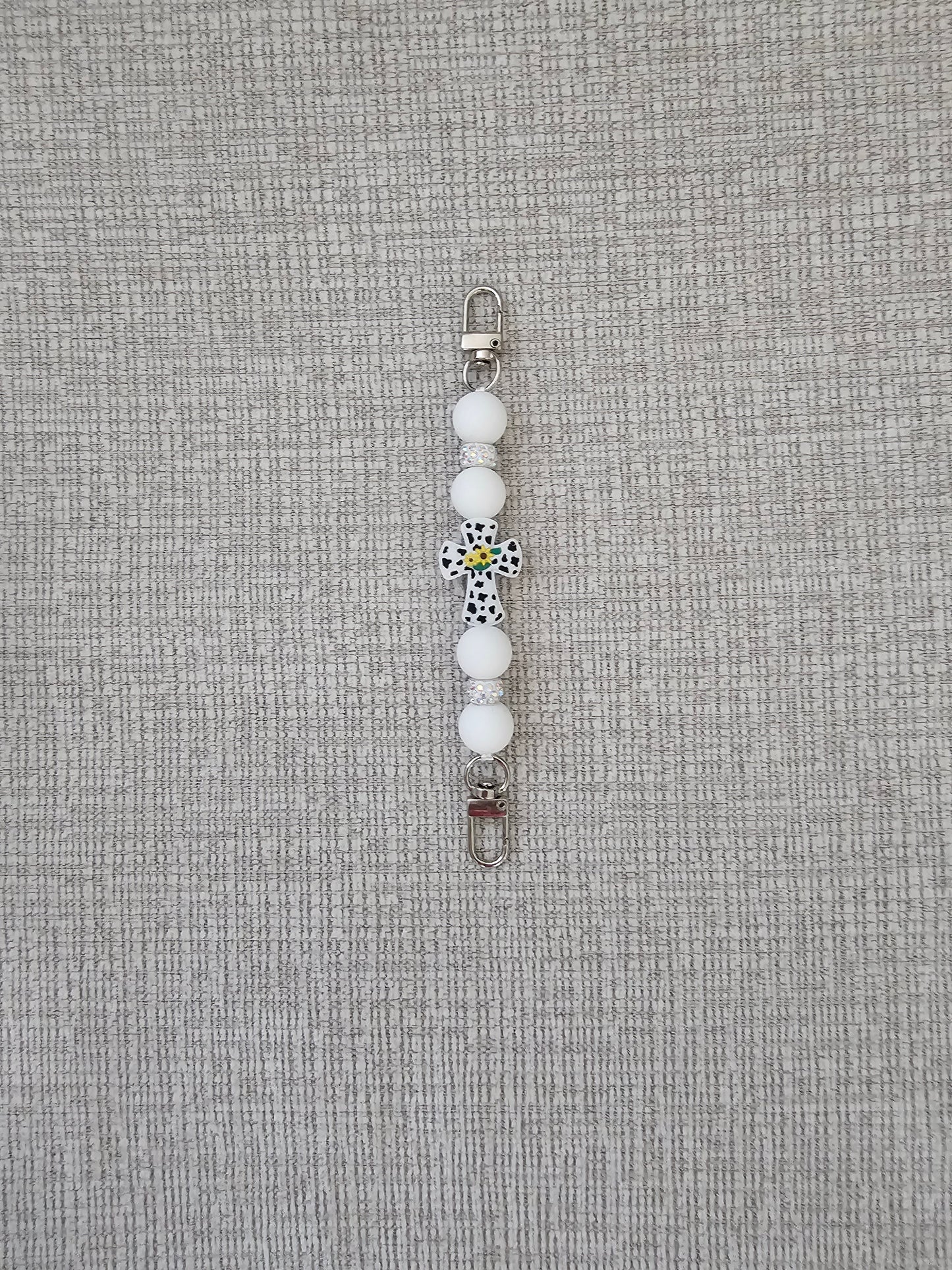 Phone Hand Strap/ Kindle Strap/ iPad Strap Interchangeable - Silicone Beaded Phone Strap with Cross Focal with White Beads & White Rhinestones