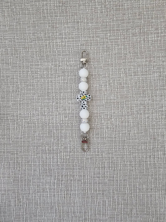 Phone Hand Strap/ Kindle Strap/ iPad Strap Interchangeable - Silicone Beaded Phone Strap with Cross Focal with White Beads & White Rhinestones