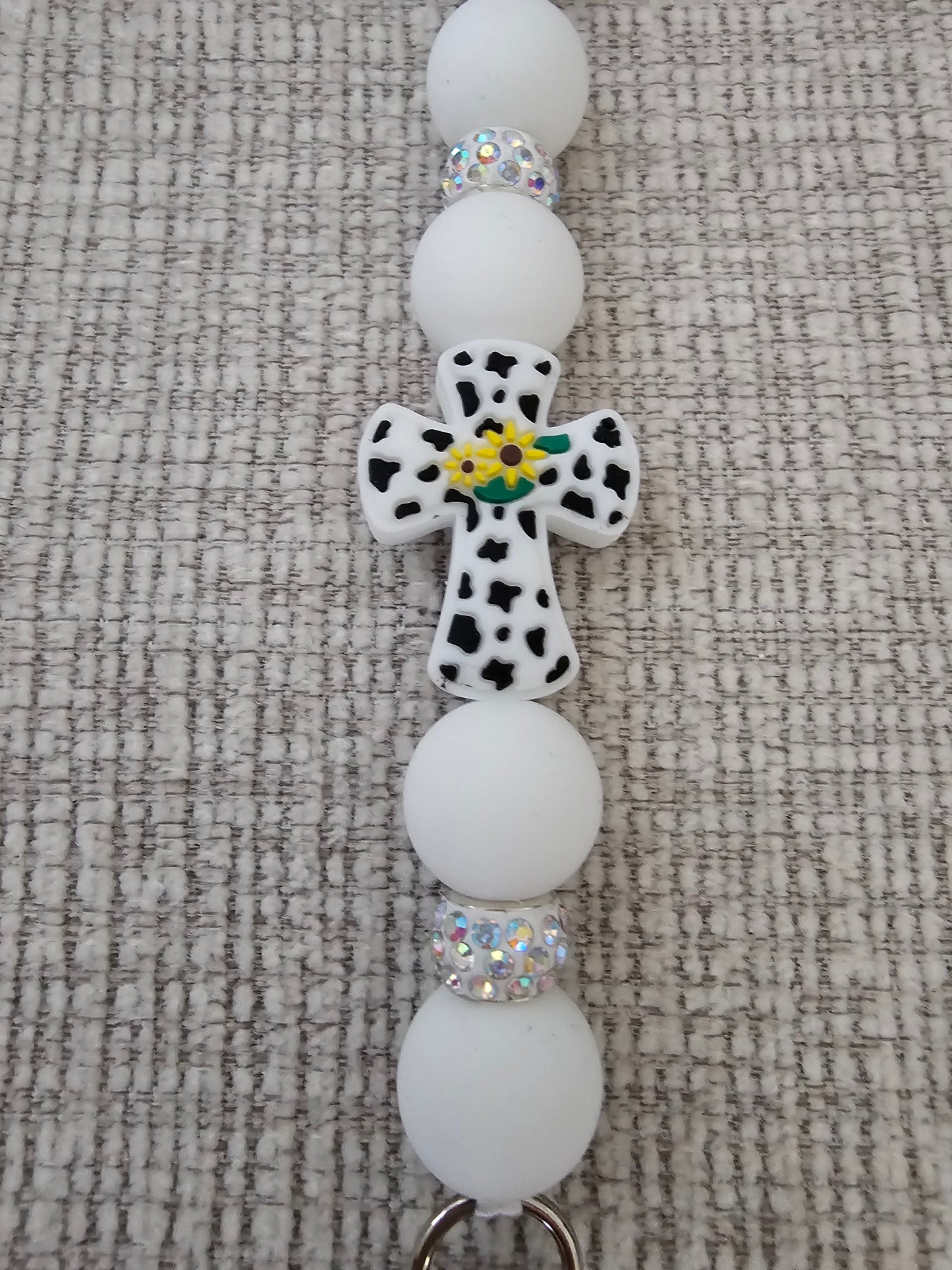 Phone Hand Strap/ Kindle Strap/ iPad Strap Interchangeable - Silicone Beaded Phone Strap with Cross Focal with White Beads & White Rhinestones