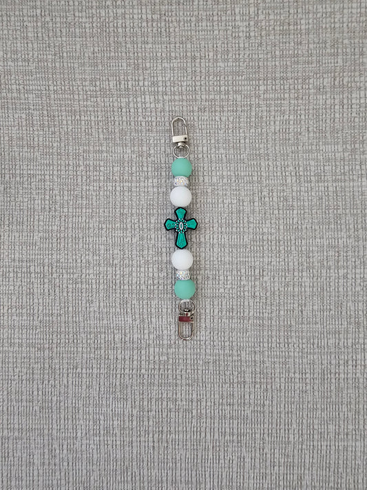 Phone Hand Strap/ Kindle Strap/ iPad Strap Interchangeable - Silicone Beaded Phone Strap with Cross Focal with Teal/White Beads & White Rhinestones